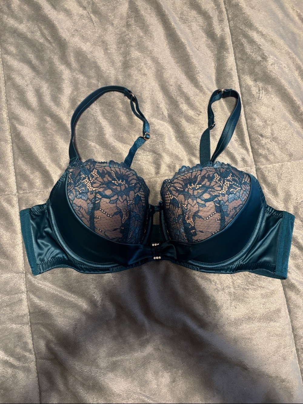 City Chic Lace-Accent Satin balconette Bra in Teal 38D
